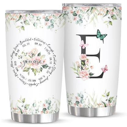 Personalized Initial E Tumbler 20oz, Monogrammed Gift for Women Birthday Mothers Day Religious Gift, Personalized Christian Gift for Women Initial Coffee Mug - style: Initial E cup