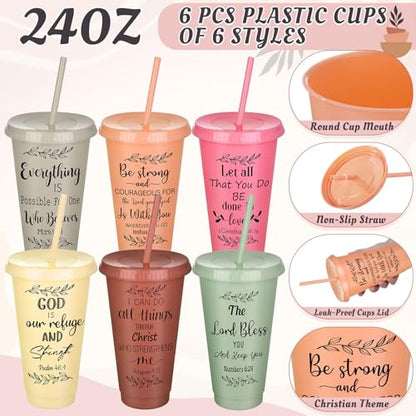 Funnymoom 24 Pcs Christian Church Gifts Bulk for Women 24 oz Boho Religious Plastic Tumbler Cup Bible Verse Makeup Cosmetic Bag Crew Sock Inspirational Keychain for Church Volunteer VBS Sunday School - style: Modern Boho Christian