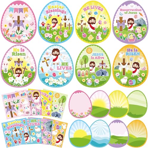 Frienda 48 Sets Easter Religious Crafts for Kids Make an Easter He is Risen Egg Sticker Scenes Resurrection Crafts Stickers for Christian Bible Sunday School Party Favors - style: Easter
