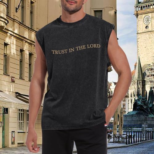 Mens Christian Tank Tops Trust in The Lord God Jesus Religious Faith Bible Verse Shirts Graphic Acid Wash Gym Tees - color: Black, size: XX-Large