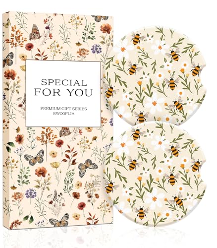 Swooflia Floral Absorbent Ceramic Car Coasters Set of 2, Cute Botanical Wildflower Cup Holder Coasters for Car, White Bee Flower Car Accessories for Women, Unique Gifts for Mom, Friends, Teachers - color: Flower Bee