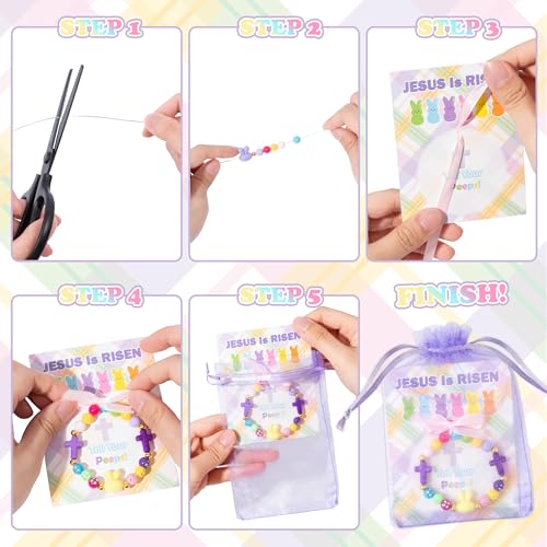 BeYumi Bunny Bracelet Craft Kit - 24Pcs Pack Christian Bunny and Cross Beads Bracelets with Jesus is Risen Gift Cards DIY Religious Faith Peeps Craft Kit Party School Classroom Fun Activities Kids - style: Easter Bunny