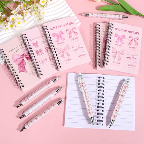 Wxiben Pink Bow Spiral Notebooks Set 12 Pieces Coquete Bow Journal with Inspirational Bible Ballpoint Pens Christian Scripture Prayer Hardcover Notebook Gifts for Women Office School Church Supplies