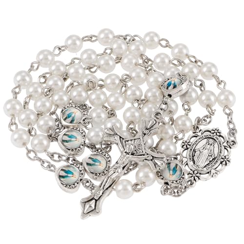 Rosary Beads Catholic, Rosary Necklace with Leather Pouch with Magnetic Top Bag for Men and Women Christian Gifts - color: White