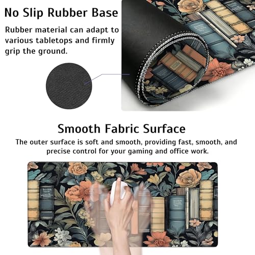Large Gaming Mouse Pad Books and Flowers Desk Mat,Non-Slip Rubber Base Stitched Edges,Extended Mousepad for PC,Laptop,Office,Home Decor(31.5 x 11.8 Inch) - color: Books and Flowers, size: 31.5L x 11.8W inches