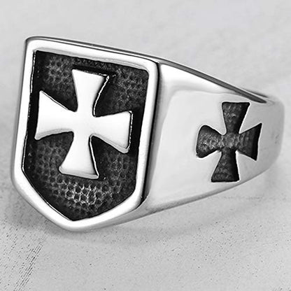 JUDE Retro Vintage Stainless Steel Crusade Cross Signet Style Cocktail Party Biker Ring