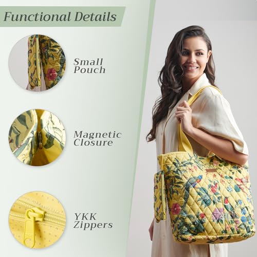 Maison d' Hermine Shopping Bags Cotton Quilted Tote Bag with Zipper Pockets - color: 004 - Eden - Yellow