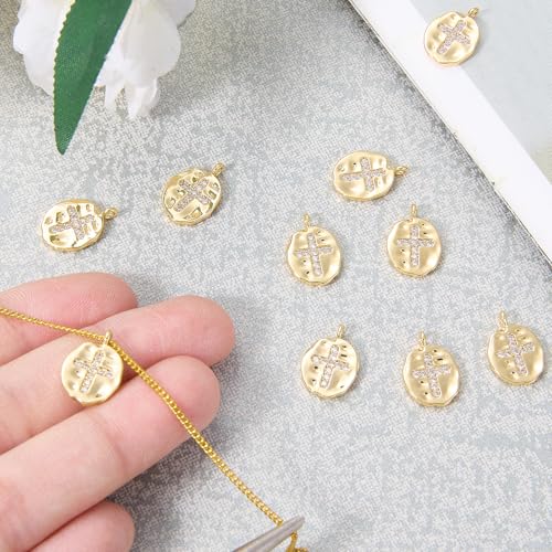 10Pcs Cross Charms for Jewelry Making Flat Irregular Religious Christianity Crystal 18K Gold Plated Charms Brass Cubic Zirconia Pendants for Earring Bracelet Necklace DIY Supplies