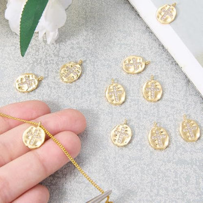 10Pcs Cross Charms for Jewelry Making Flat Irregular Religious Christianity Crystal 18K Gold Plated Charms Brass Cubic Zirconia Pendants for Earring Bracelet Necklace DIY Supplies