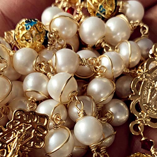 elegantmedical HANDMADE Gold Wire Wrapped Bead AAA White 10mm Real Pearl Rosary Cross NECKLACE BOX