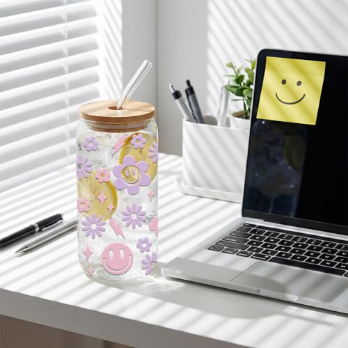 JEKUGOT Cute Smile Glass Cup, Aesthetic Iced Coffee Cup, 16oz Flower Glass Cups with Lids and Straws, Smiley Face Tumbler Gifts for Women and Girls, Birthdays Party Supplies, Incentives