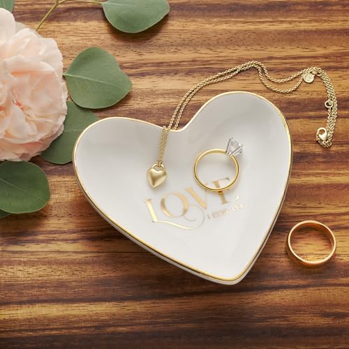 Christian Art Gifts Scripture Inspired Decorative Ceramic Heart Shaped Trinket Tray Dish for Women: Love, Cute Small Novelty Jewelry Storage Holder for Rings, Necklaces, Bracelets, Watches, White/Gold