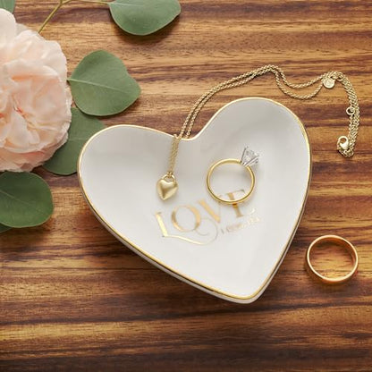 Christian Art Gifts Scripture Inspired Decorative Ceramic Heart Shaped Trinket Tray Dish for Women: Love, Cute Small Novelty Jewelry Storage Holder for Rings, Necklaces, Bracelets, Watches, White/Gold