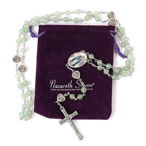 Nazareth Store Natural Stone Beads with Miraculous Epoxy Heart Metal Beads Rosary Necklace Gemstone Christian Gifts - color: Green Aventurine
