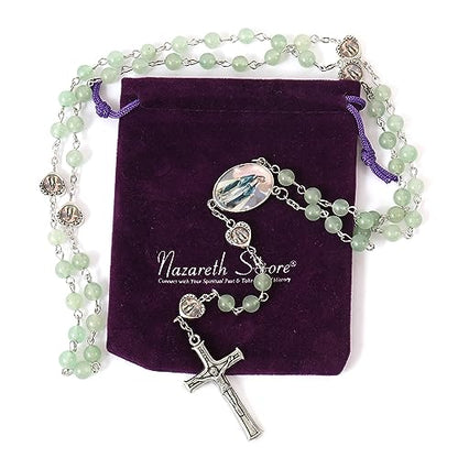 Nazareth Store Natural Stone Beads with Miraculous Epoxy Heart Metal Beads Rosary Necklace Gemstone Christian Gifts - color: Green Aventurine
