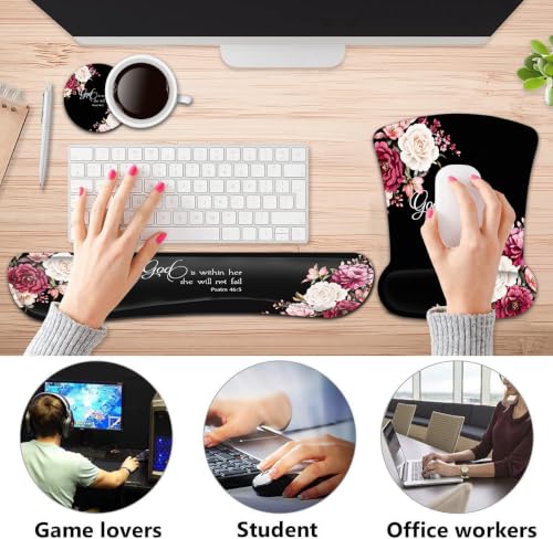 Keyboard Wrist Rest Pad and Ergonomic Mouse Pad Wrist Support Set Psalm 46:5 God is Within Her, She Will Not Fall Peony Flower for Gaming, Office, Comfortable and Pain Relief with Coaster Set - color: Fd-wristrest-2-6