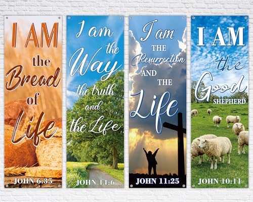 chiazllta 4Pcs Church Banners for Sanctuary Wall Welcome Religious Hanging Backdrop Christian Bible Verse Banner Scenic Pattern Inspirational Christian Decor for Church Sunday School Decoration