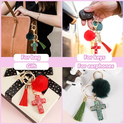 MWOOT 2PCS Cross Keychains for Women, Christian Keyring Tassels Plush, Resin Jesus Key Chain, Bag Charm Car Accessories - color: Red+green