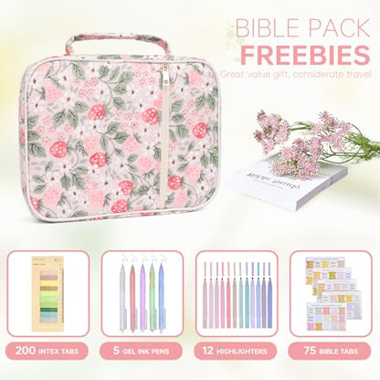 Bible Bag Cover Case for Women Study Supplies Kit Church Book Holder - color: Strawberry Garden