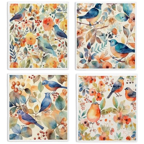 Bird Flower Swedish Dishcloths for Kitchen, Papaya Reusable Paper Towels, 4 Pack Watercolor Dish Cloths, Washable - color: Bird Flowers