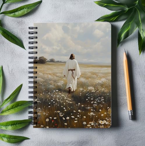 Christian Notebook – Jesus Walking in Peaceful Meadow – Religious Journal with Nature Artwork – Hardcover Faith Diary for Daily Writing, Spiral Bound 5.5x8.3 Inches - color: white-Jesus Walking in Peaceful Meadow