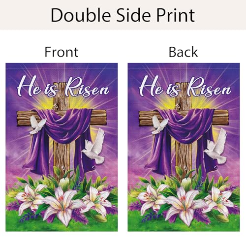 He is Risen Easter Garden Flag 12x18 Inch Double Sided Burlap, Christian Religious Easter Cross Lily Flower White Dove Yard Sign Spring Holiday Outdoor Decoration