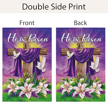 He is Risen Easter Garden Flag 12x18 Inch Double Sided Burlap, Christian Religious Easter Cross Lily Flower White Dove Yard Sign Spring Holiday Outdoor Decoration