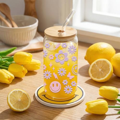 JEKUGOT Cute Smile Glass Cup, Aesthetic Iced Coffee Cup, 16oz Flower Glass Cups with Lids and Straws, Smiley Face Tumbler Gifts for Women and Girls, Birthdays Party Supplies, Incentives