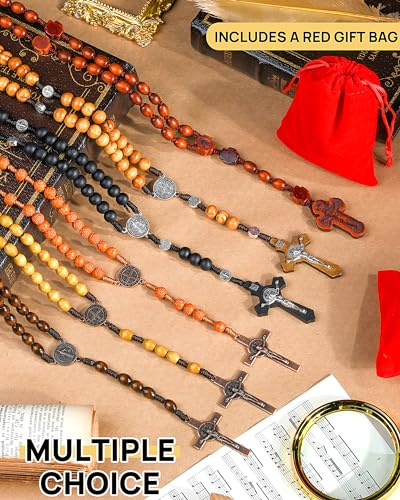 Wooden Rosary Beads, Rosarios Catolicos with Metal Cross for Men & Women - color: Woven Coffee