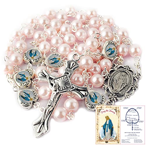 HanlinCC Catholic Miraculous Rosary Glass Pearl Beads Pray Card & Gift Bag - color: Pink