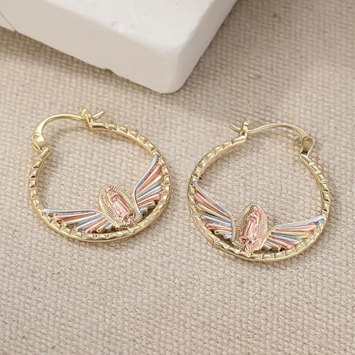 Tri-Color Our Lady of Guadalupe Hoop Earrings for Women Religious Jewelry - color: Three Tone