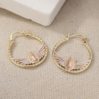 Tri-Color Our Lady of Guadalupe Hoop Earrings for Women Religious Jewelry - color: Three Tone