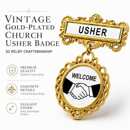 12 Pcs Usher Badges for Church with Pin on Back Gold Tone Fancy Round