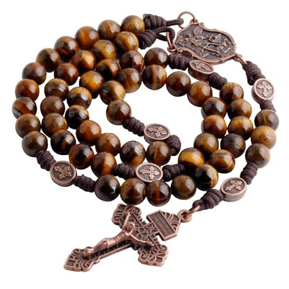 HanlinCC Stone Beads St.Michael Paracord Catholic Rosary with Bag for Men - style: Tiger Eyes