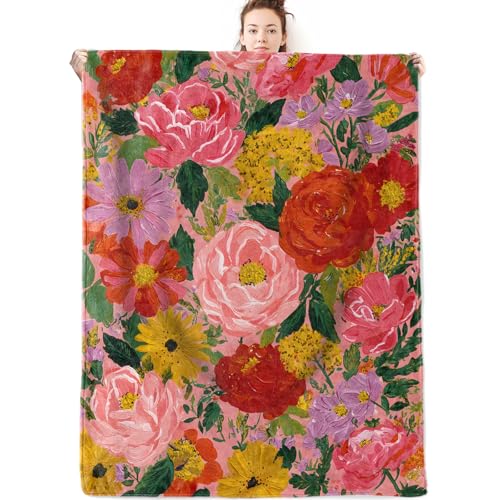 Colorful Floral Flannel Blanket Gifts for Women Flower Lover,50x40inch,Vibrant Garden Blossom Throw Blankets with Oil Paint Style,for Bedroom,Sofa,Living Room,Camping Home Decor Throws - color: Floral 03, size: 50x40 Inch