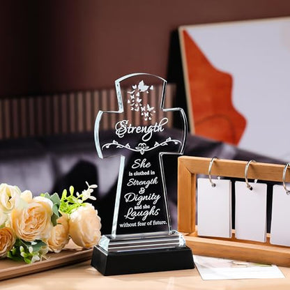 Qianwei Crystal Cross Strength Inspirational Gift - Religious Catholic Baptism Communion Confirmation Gift for Women Sister - color: Cross Strength-led
