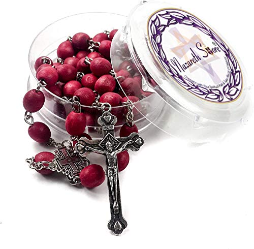 Nazareth Store Rose smell Rosary Petal Red Rare Carved Beads & Silver Plated cross (Holy Land)