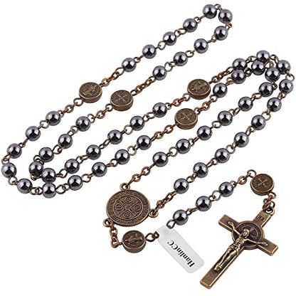 HanlinCC Catholic Rosary St.Benedict Hematite Necklace with Gold Plated Box