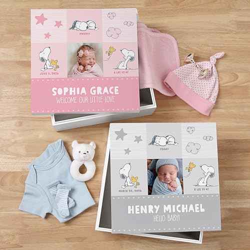 Let's Make Memories Personalized Keepsake Box - Memory Storage - Newborn New Baby Gift - Shower Present - PEANUTS - Snoopy and Woodstock - Add Photo, Name, and Text - Snoopy Baby Love - Pink - color: Snoopy Baby Love - Pink