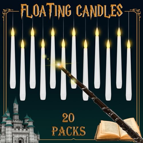 Lezonic Floating Candles with Magic Wand Remote, 20 Pack Hanging LED Candles, Flameless Flickering Taper Candles with 6H Timer, Battery Operated Candles for Halloween Christmas Party Home Decor - color: 20pcs(Wand)