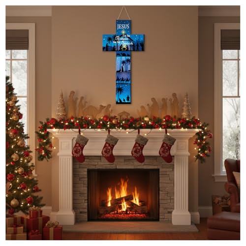 Meooeck 27.5" Easter Cross Sign, Wooden He is Risen Hanging Front Door - style: Style A