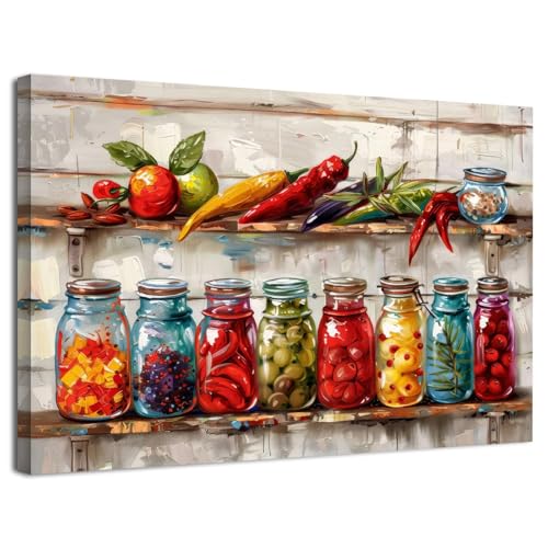 Colorful Kitchen Pictures Wall Decor Mason Jar Kitchen Wall Art Farmhouse Spices Food Canvas Prints Kitchen Art Dining Room Wall Decor Rustic Still Life Painting Vintage Peppers Herbs Poster 12x16" - color: Colorful Food, size: 16"L x 12"W