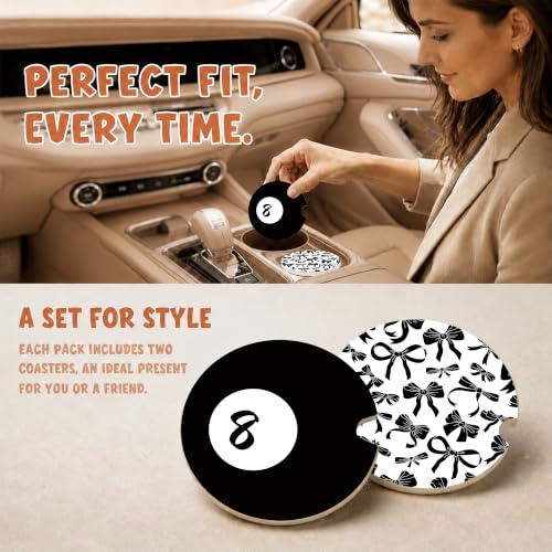 Black White Bow Car Coasters, Pool 8 Ball Retro Coquette Cup Holders, 06 - color: Black White Bow
