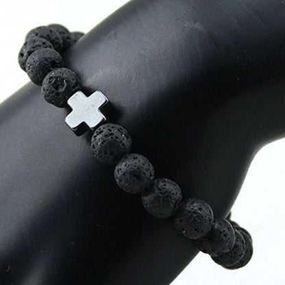 Softones 4PCS Cross Beads Bracelet for Men Women 8mm Healing Lava Stone Stretch Bracelets,7.5" - color: C:4Pcs a set