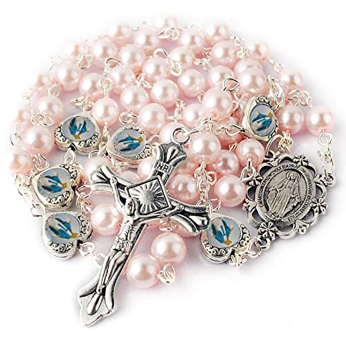 HanlinCC Catholic Miraculous Rosary Glass Pearl Beads Pray Card & Gift Bag - color: Pink