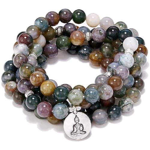 Fuqimanman2020 108 Natural Indian Agate Mala Beads Strand Bracelet Stretch Buddha Healing Gemstone Reiki Quartz Crystal Wrap Yoga Meditation Prayer Rosary Jewelry for Women Men - color: Buddha