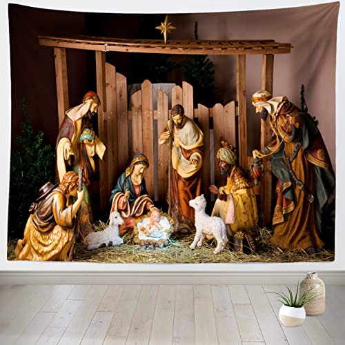 Loccor Chritmas Nativity Scene Tapestry 118x98 inches Christmas Holy Night Manger Scene Tapestry Wall Hanging Christian Religious Merry Xmas Party Decor for Church Bedroom Living Room Dorm Home Decor - size: 118.1"L x 96"W