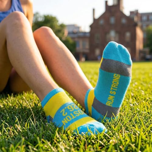 Gone For a Run Motivational Ankle Running Socks - Affirmation Runners Gifts - color: Boston 26.2 (Blue/Yellow)