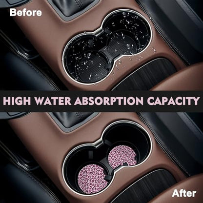 2 Pack Car Coasters for Cup Holders, Cute Car Accessories Interior (Leopard-Pink) - color: Leopard-pink