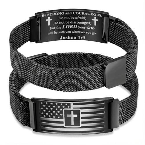 RINHOO Men's American Flag Cross Bracelet Bible Verse Stainless Steel - style: Black-Joshua 1:9